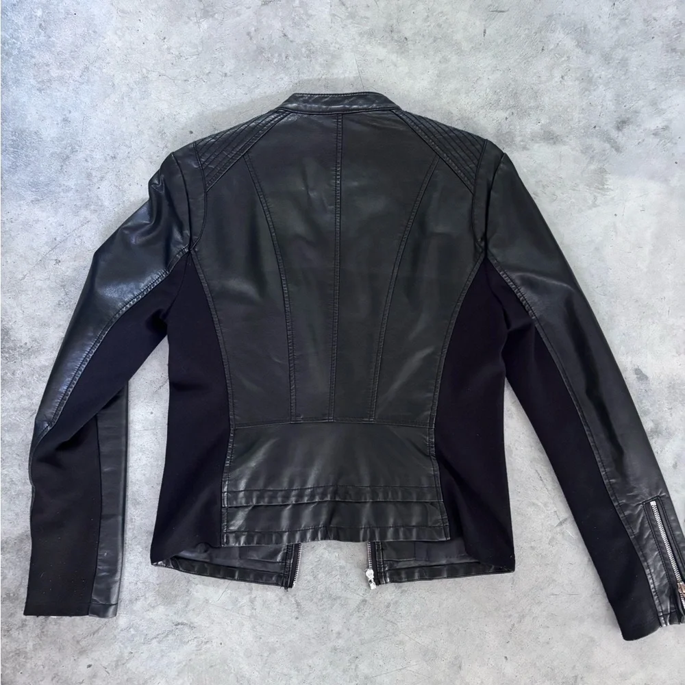Women’s Express Black Faux Leather Moto Jacket with Quilted Shoulder Detail